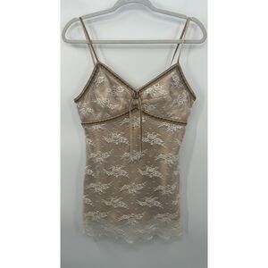 Y2K Babydoll Top Womens L Lace Tan Tank Coquette Feminine Romantic Fairy
